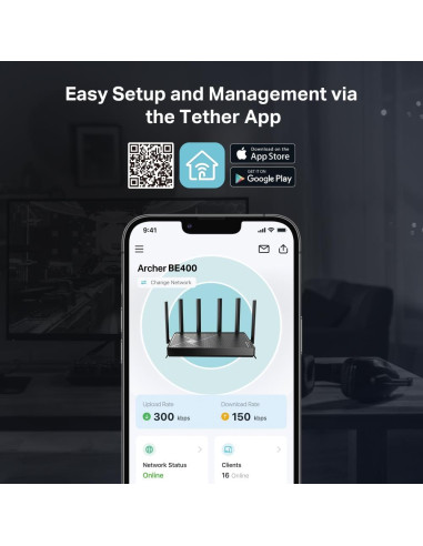 Wireless Router, TP-LINK, Archer BE400, Wi-Fi 7 (802.11be), Data speed 5764 Mbit/s, Ethernet WAN Yes, WAN connection type RJ-45