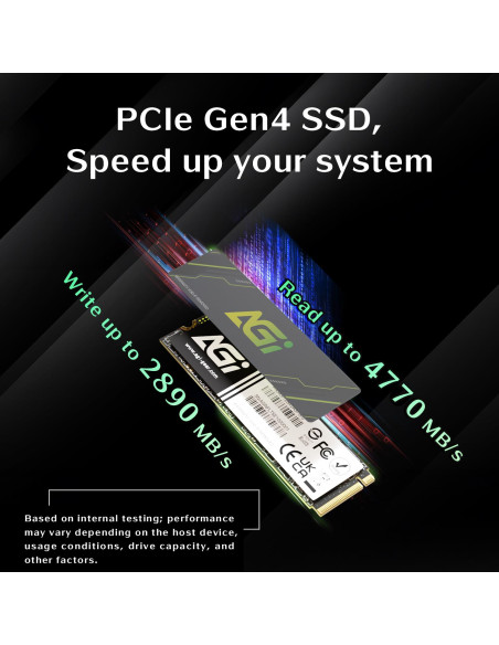 SSD, AGI, 600xTBW rating, MTBF 1600000 h, Read speed 4700 MB/s, Write speed 2800 MB/s, NVMe Yes, PCI Express 4.0, M.2, 1000 GB,
