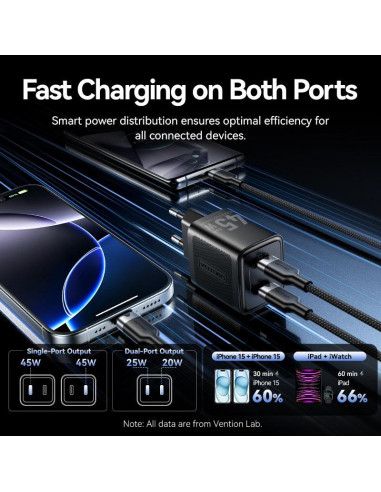 MOBILE CHARGER WALL 45W USB-C/2P BLACK FEFB0-EU VENTION