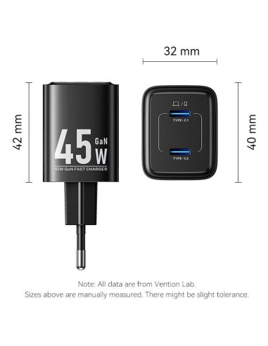 MOBILE CHARGER WALL 45W USB-C/2P BLACK FEFB0-EU VENTION