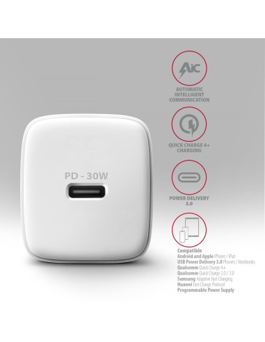 MOBILE CHARGER WALL USB-C 30W/1PORT WHITE ACU-PD30W AXAGON