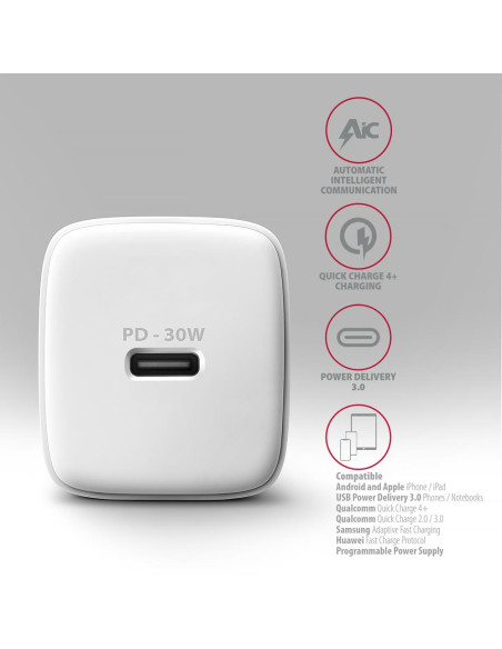 MOBILE CHARGER WALL USB-C 30W/1PORT WHITE ACU-PD30W AXAGON
