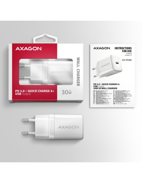 MOBILE CHARGER WALL USB-C 30W/1PORT WHITE ACU-PD30W AXAGON