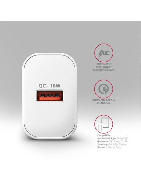 MOBILE CHARGER WALL USB 18W/1PORT WHITE ACU-QC18W AXAGON