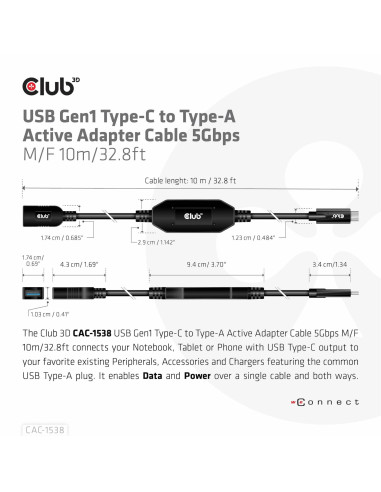 CABLE USB-C TO USB 10M/M/F CAC-1538 CLUB3D