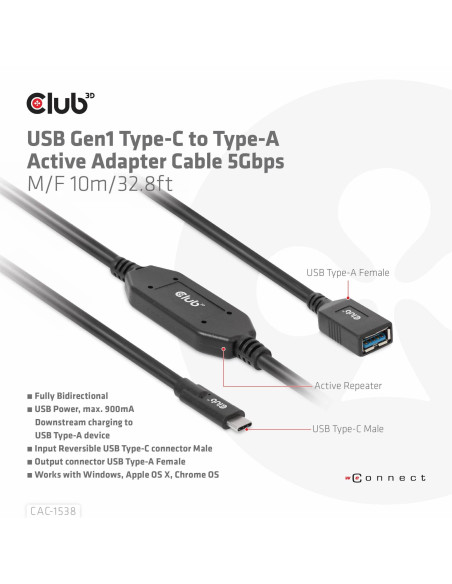 CABLE USB-C TO USB 10M/M/F CAC-1538 CLUB3D