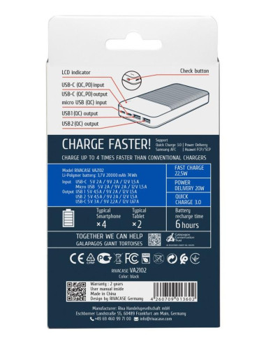 POWER BANK USB 20000MAH/VA2102 BLACK RIVACASE