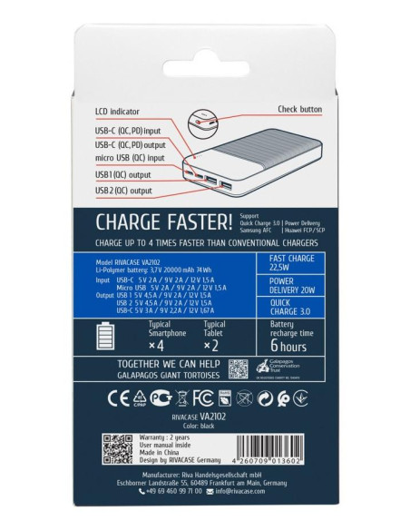POWER BANK USB 20000MAH/VA2102 BLACK RIVACASE