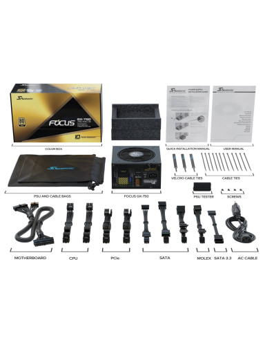 Power Supply, SEASONIC, FOCUS-GX-750-ATX31, 750 Watts, Efficiency 80 PLUS GOLD, MTBF 100000 hours, FOCUS-GX-750-ATX31