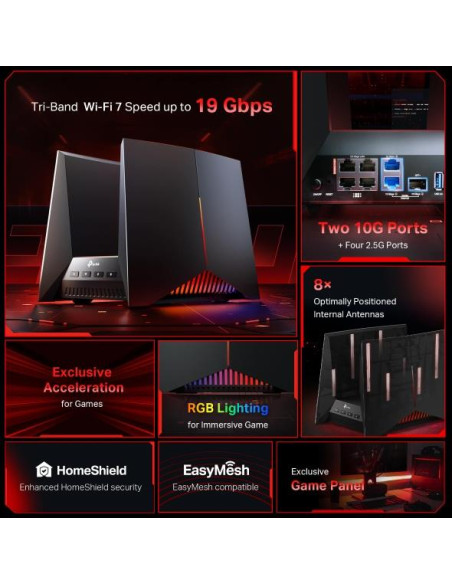 Wireless Router, TP-LINK, Archer GE800, Wi-Fi 7 (802.11be), Data speed 11520 Mbit/s, Ethernet WAN Yes, WAN connection type RJ-4