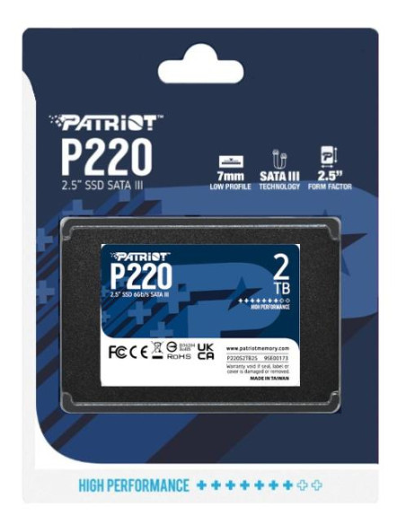 SSD, PATRIOT, P220, 2TB, SATA, Write speed 500 MBytes/sec, Read speed 550 MBytes/sec, 2,5", TBW 960 TB, P220S2TB25