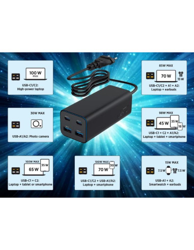 CHARGER USB UNIVERSAL 4P 100W/TA-UC-2A2C-PD100-01-BK GEMBIRD