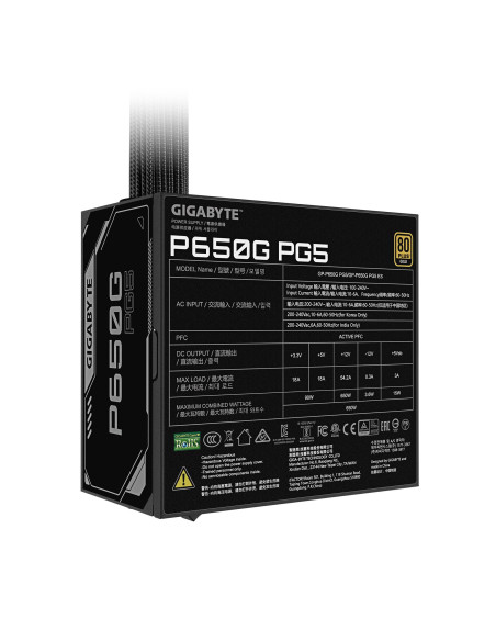 Power Supply, GIGABYTE, GP-P650G PG5, ATX, PC, 100 - 240 V, 650 W, GP-P650GPG5