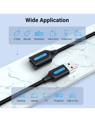CABLE USB2.0 MALE TO FEMALE/2M BLACK CBIBH VENTION