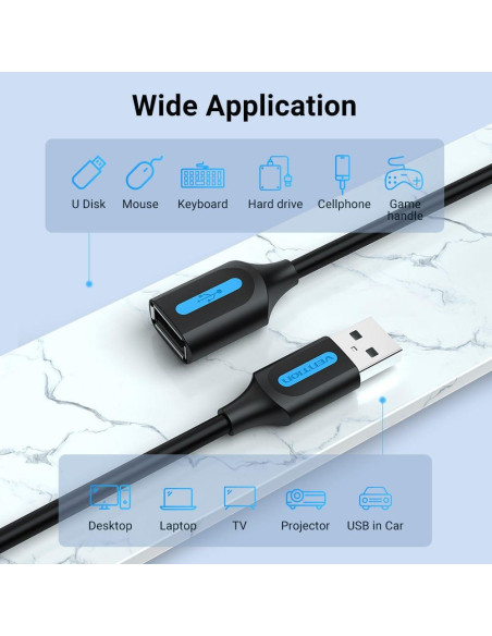 CABLE USB2.0 MALE TO FEMALE/2M BLACK CBIBH VENTION