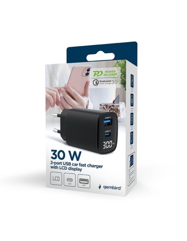 CHARGER USB 30W 2PORT/TA-UC-PDQC30LCD-BK-01 GEMBIRD
