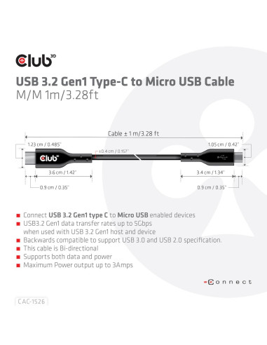 CABLE USB TO MICRO USB 1M/M/M CAC-1526 CLUB3D