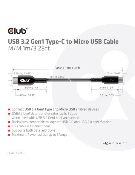 CABLE USB TO MICRO USB 1M/M/M CAC-1526 CLUB3D