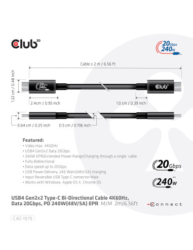 CABLE USB-C TO USB-C 2M/M/M CAC-1575 CLUB3D