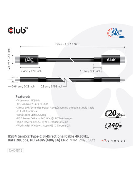 CABLE USB-C TO USB-C 2M/M/M CAC-1575 CLUB3D