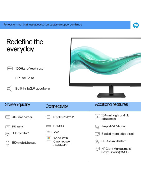 LCD Monitor, HP, 23.8 ", 1920 x 1080 pixels, Full HD, Native aspect ratio 16:9, LCD, Flat, B0BU9UT