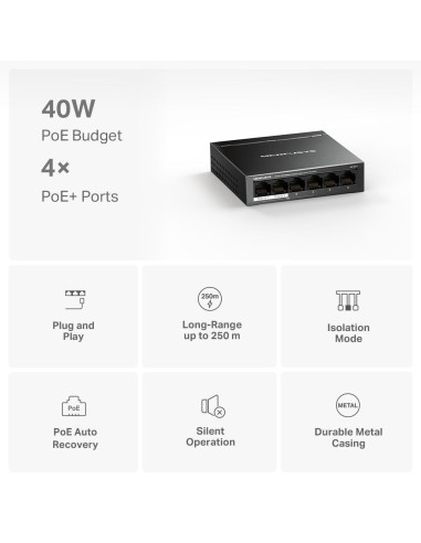 Switch, MERCUSYS, Desktop/pedestal, 6x10Base-T / 100Base-TX, PoE+ ports 4, MS106LP