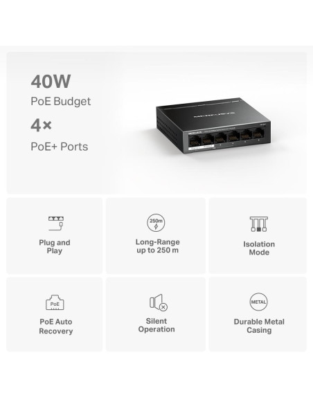 Switch, MERCUSYS, Desktop/pedestal, 6x10Base-T / 100Base-TX, PoE+ ports 4, MS106LP