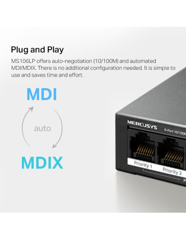 Switch, MERCUSYS, Desktop/pedestal, 6x10Base-T / 100Base-TX, PoE+ ports 4, MS106LP