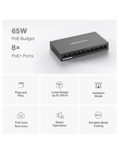 Switch, MERCUSYS, Desktop/pedestal, 10x10Base-T / 100Base-TX, PoE+ ports 8, MS110P