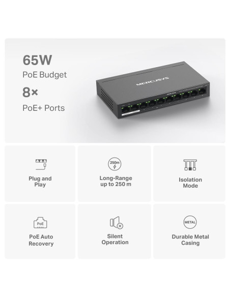 Switch, MERCUSYS, Desktop/pedestal, 10x10Base-T / 100Base-TX, PoE+ ports 8, MS110P