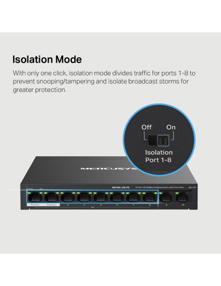 Switch, MERCUSYS, Desktop/pedestal, 10x10Base-T / 100Base-TX, PoE+ ports 8, MS110P