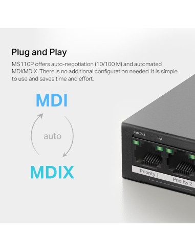 Switch, MERCUSYS, Desktop/pedestal, 10x10Base-T / 100Base-TX, PoE+ ports 8, MS110P