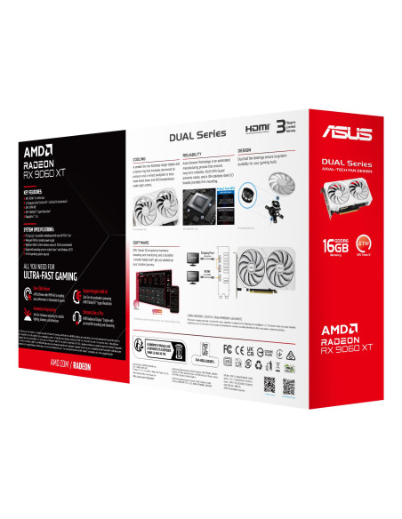 Graphics Card, ASUS, AMD, Radeon RX 9060 XT, 16 GB, GDDR6, PCI Express 5.0, Active, DUAL-RX9060XT-16G-WH