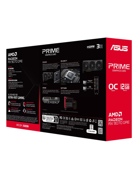 Graphics Card, ASUS, AMD, Radeon RX 9070 GRE, 2280 MHz, 12 GB, GDDR6, 192 bit, PCI Express 5.0, Active, PRIME-RX9070GRE-O12G