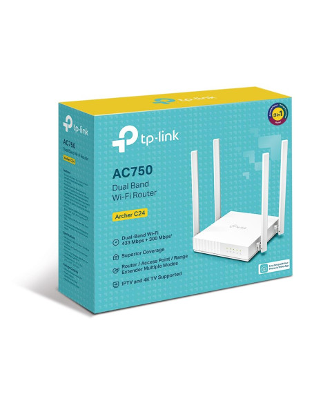 Wireless Router, TP-LINK, Wi-Fi 5 (802.11ac), Data speed 433 Mbit/s, Ethernet WAN Yes, Ethernet LAN Yes, 5xLAN ports, ARCHERC24