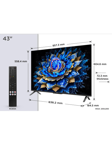 TV Set, TCL, 43 ", 4K Ultra HD, 3840 x 2160 pixels, Flat, 16:9, QLED, 43T69C