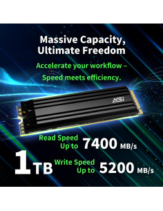 SSD, AGI, 750xTBW rating, MTBF 2000000 h, Read speed 7400 MB/s, Write speed 5200 MB/s, NVMe Yes, PCI Express 4.0, M.2, 1000 GB,