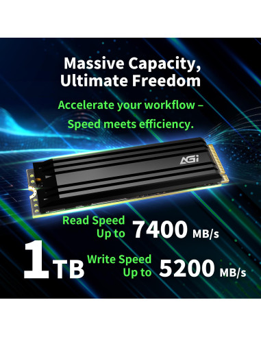 SSD, AGI, 750xTBW rating, MTBF 2000000 h, Read speed 7400 MB/s, Write speed 5200 MB/s, NVMe Yes, PCI Express 4.0, M.2, 1000 GB,
