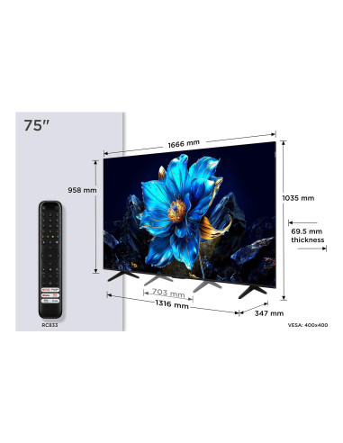 TV Set, TCL, 75 ", 4K Ultra HD, 3840 x 2160 pixels, Flat, 16:9, QLED, 75P7K