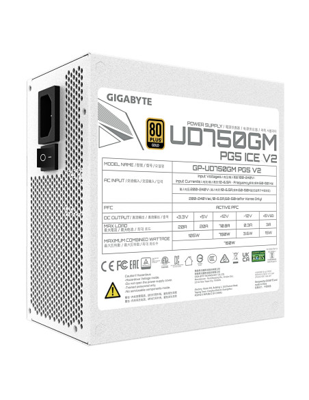 Power Supply, GIGABYTE, UD750GM PG5 ICE, ATX 3.1, 750 Watts, Efficiency 80 PLUS GOLD, PFC Active, MTBF 100000 hours, GP-UD750GM