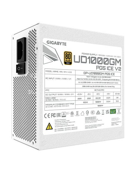Power Supply, GIGABYTE, UD1000GM PG5 ICE, ATX 3.1, 1000 Watts, Efficiency 80 PLUS GOLD, PFC Active, MTBF 100000 hours, GP-UD100