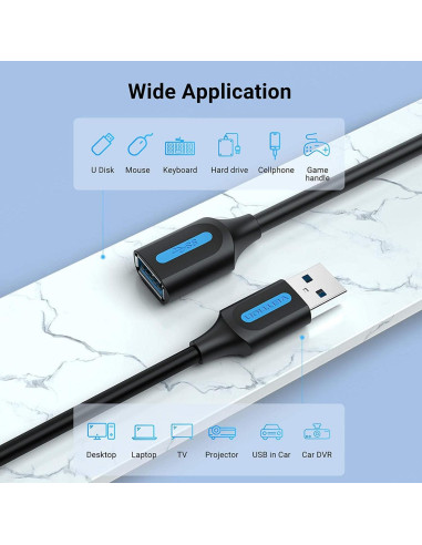 CABLE USB3.0 MALE TO FEMALE/3M BLACK CBHBI VENTION