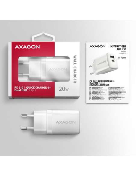 MOBILE CHARGER WALL USB 20W/2PORT WHITE ACU-PQ20W AXAGON