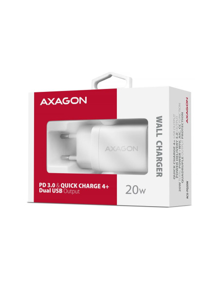 MOBILE CHARGER WALL USB 20W/2PORT WHITE ACU-PQ20W AXAGON