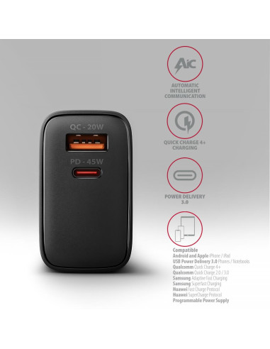 MOBILE CHARGER WALL USB 45W/GAN 2PORT ACU-PQ45 AXAGON