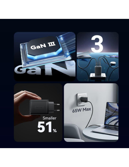 MOBILE CHARGER WALL 65W USB/3P BLACK FERB0-EU VENTION