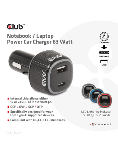 NB CHARGER CAR USB+USB-C/63W CAC-1922 CLUB3D