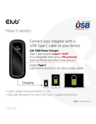MOBILE TRAVEL CHARGER USB-C/100W CAC-1908EU CLUB3D