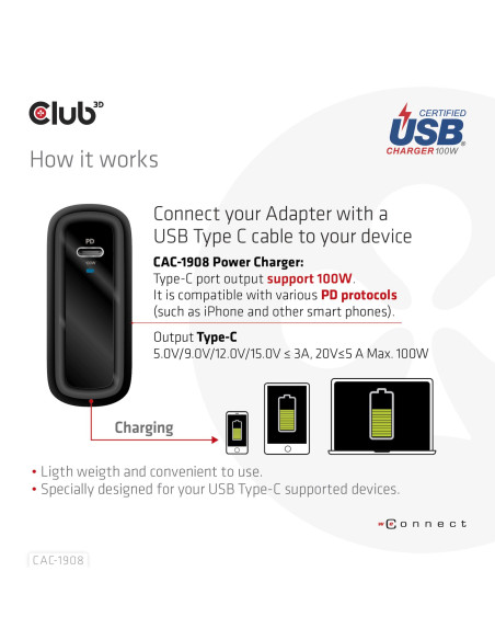 MOBILE TRAVEL CHARGER USB-C/100W CAC-1908EU CLUB3D