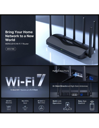 Wireless Router, MERCUSYS, Router, IEEE 802.11a/b/g, IEEE 802.11n, IEEE 802.11ac, IEEE 802.11ax, 3x2.5GbE, LAN WAN ports 1, Num